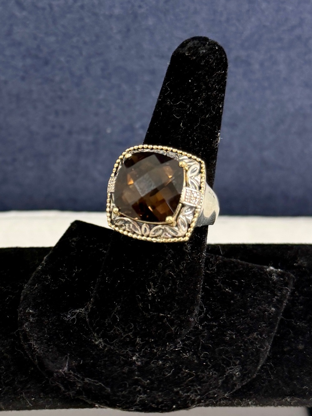 Artisan Bali Style 14K Yellow Gold Sterling Silver Faceted Smoky Quartz Ring; 8